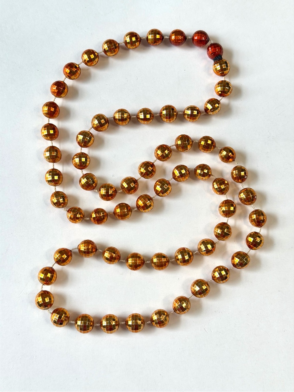 Vintage 1970s Orange Metallic Faceted Bead Necklace Flapper Length Endless Loop